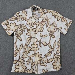 Fresh by Jivani White and Brown Floral Smocked Seersucker Button Up Shirt Small